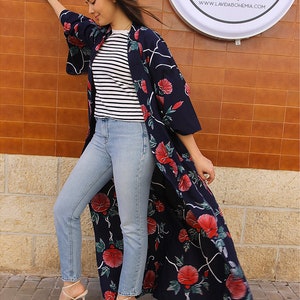 Long Kimono in Navy Blue Floral Print