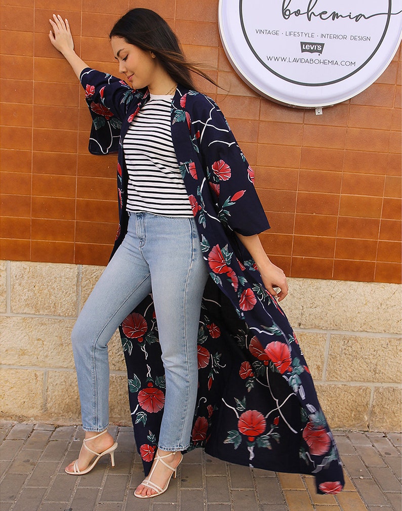 Long Kimono in Navy Blue Floral Print