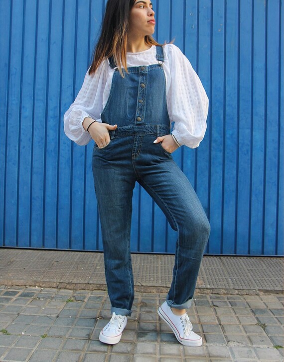 Blue Dark Wash Denim Dungarees - Etsy