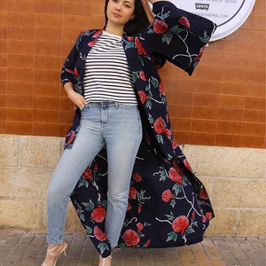 Long Kimono in Navy Blue Floral Print