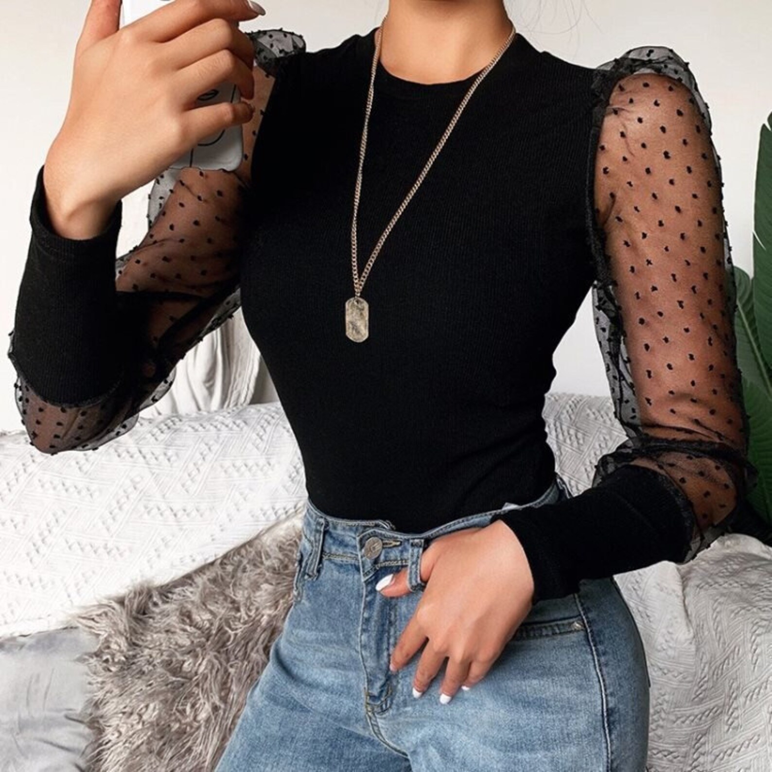 mesh long puff sleeve top
