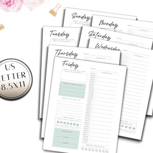 May include: Printable daily planner pages for each day of the week. The pages include sections for scheduling, to-do lists, main goals, and a water tracker. The pages are designed for US Letter size paper, 8.5 x 11 inches.