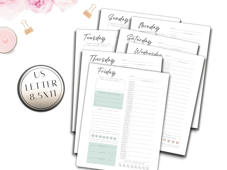 May include: Printable daily planner pages for each day of the week. The pages include sections for scheduling, to-do lists, main goals, and a water tracker. The pages are designed for US Letter size paper, 8.5 x 11 inches.