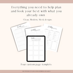 May include: Four printable digital planner pages for organizing outfits. The pages include sections for favorite outfits, wardrobe inventory, outfit picture board, and weekly outfits.