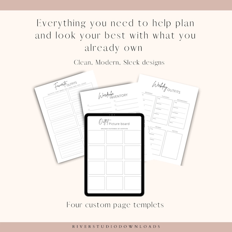 May include: Four printable digital planner pages for organizing outfits. The pages include sections for favorite outfits, wardrobe inventory, outfit picture board, and weekly outfits.