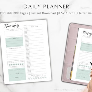 May include: Printable daily planner pages in US letter size (8.5 x 11 inches). The planner features a light green and white color scheme with sections for daily goals, to-do lists, a mood tracker, and a water tracker. The planner is designed for Thursday and Friday.