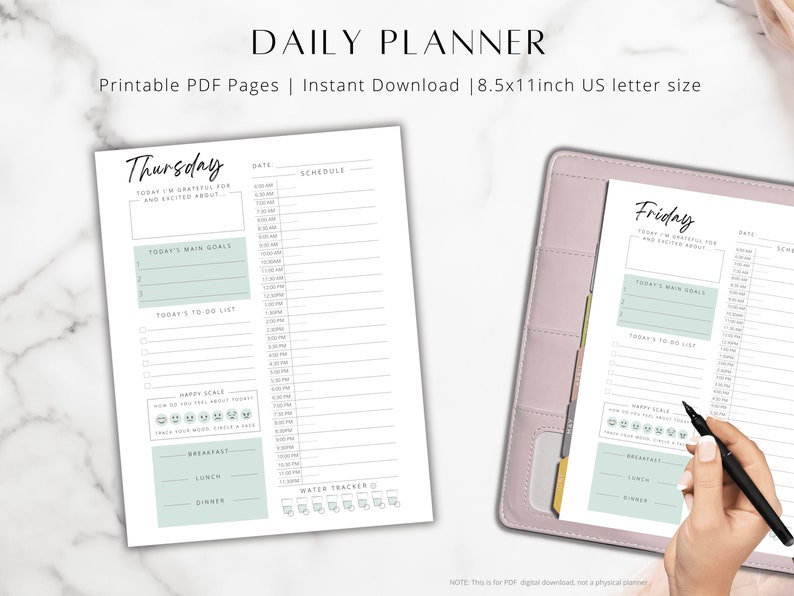 May include: Printable daily planner pages in US letter size (8.5 x 11 inches). The planner features a light green and white color scheme with sections for daily goals, to-do lists, a mood tracker, and a water tracker. The planner is designed for Thursday and Friday.