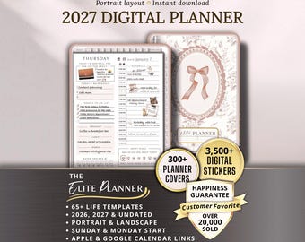 2027 2026 Digital Planner, GoodNotes Notability iPad Weekly Daily Planning Template, Pink Coquette Bow Digital Journal