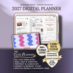 Könnte beinhalten: Digitaler Planer für 2027 im Querformat. Der Planer enthält einen Tagesplan, Essensplanung und einen Wassertracker. Er hat ein Cover mit rosa und blauen Wellenlinien und enthält über 3.500 digitale Sticker. Außerdem 300+ Planer-Cover.