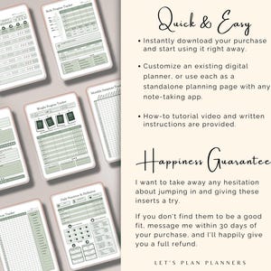 May include: A collection of digital planner pages featuring sage green and white layouts with headers like Weekly Log, Body Progress Tracker, Weight Progress Tracker, Symptom Tracker, and Daily Nutrition & Hydration, alongside text about digital downloads.