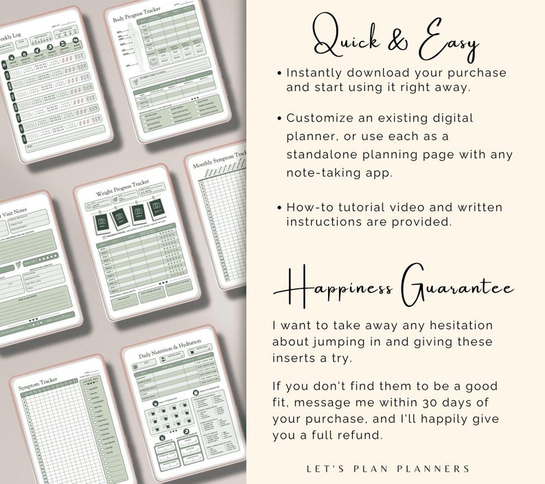May include: A collection of digital planner pages featuring sage green and white layouts with headers like Weekly Log, Body Progress Tracker, Weight Progress Tracker, Symptom Tracker, and Daily Nutrition & Hydration, alongside text about digital downloads.