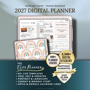 May include: A digital planner with the text "2027 DIGITAL PLANNER" in a landscape layout. The planner includes a daily schedule, meal planning, and a mood tracker. The image also shows a planner cover with a rainbow design and the text "THE ELITE PLANNER".