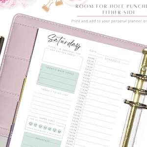 May include: A printable Saturday planner page with space for daily goals, to-do lists, a mood tracker, and a schedule. The planner is designed to be used with a personal planner or on its own.