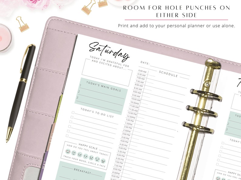 May include: A printable Saturday planner page with space for daily goals, to-do lists, a mood tracker, and a schedule. The planner is designed to be used with a personal planner or on its own.