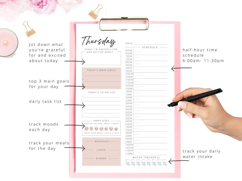 May include: A pink and white printable daily planner with sections for goals, tasks, mood tracking, meals, and water intake. The planner is labeled "Thursday" and includes the text "Today I'm grateful for and excited about..."