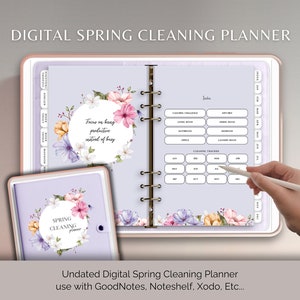 以下が含まれることがあります： 花のデザインが施されたデジタル版春の掃除プランナー。プランナーには、掃除のチャレンジセクション、掃除のトラッカー、部屋別にタブが付いたインデックスが含まれています。このプランナーは、GoodNotes、Noteshelf、Xodoなどのデジタルノートアプリで使用するために設計されています。