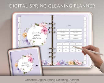 May include: A digital spring cleaning planner with a floral design. The planner includes a cleaning challenge section, a cleaning tracker, and an index with tabs for different rooms. The planner is designed for use with digital note-taking apps like GoodNotes, Noteshelf, Xodo, and others.