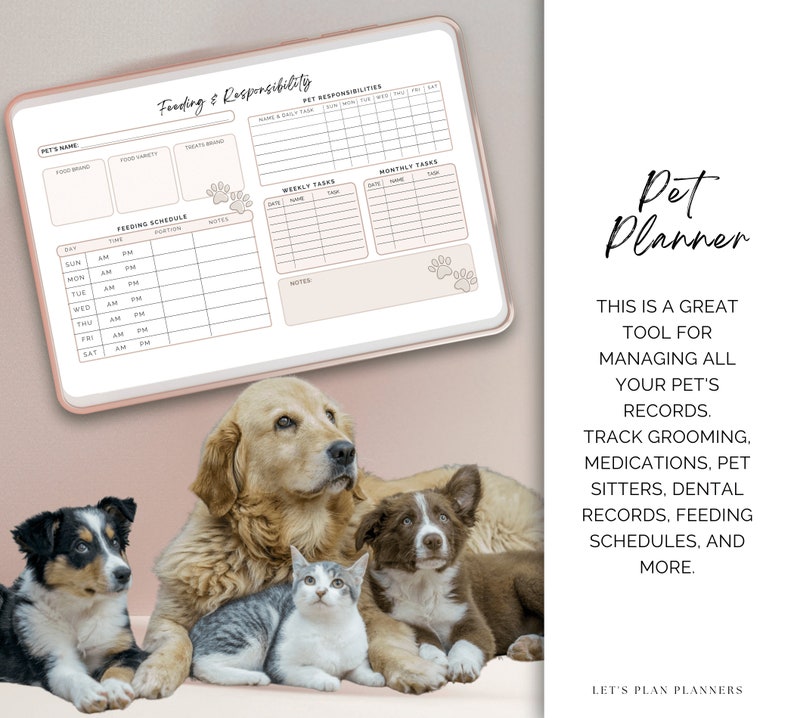 May include: A printable pet planner with a pink and white color scheme. The planner includes sections for feeding schedules, weekly tasks, monthly tasks, and pet responsibilities. The planner is surrounded by images of a dog, cat, and two puppies.