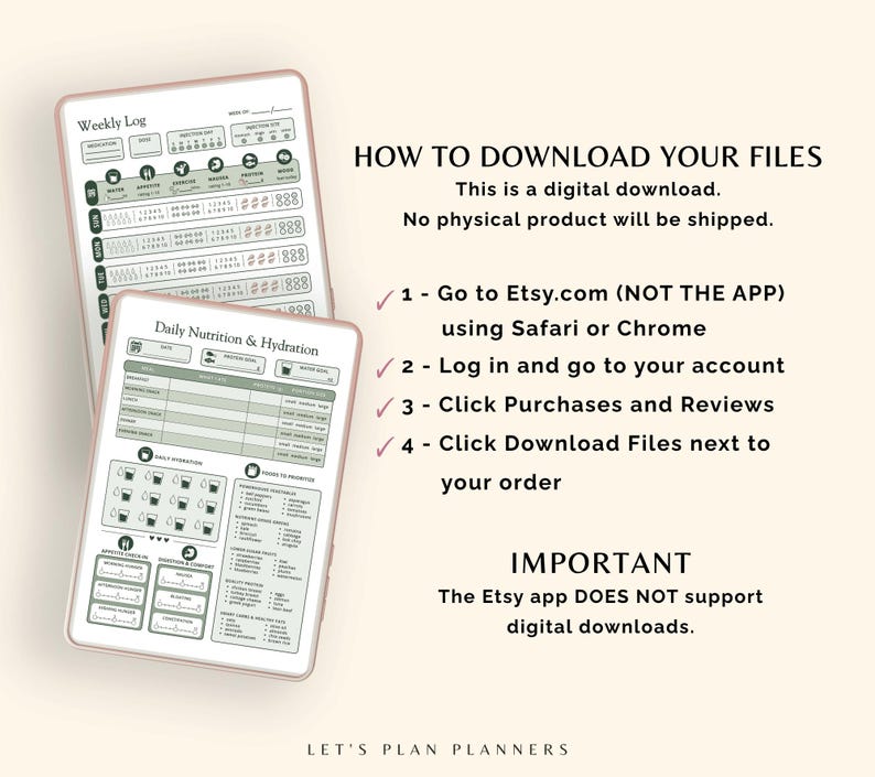 May include: Two digital planner pages titled Weekly Log and Daily Nutrition & Hydration with sage green accents. Text instructions explain how to download files from Etsy using a web browser, noting that the Etsy app does not support downloads.
