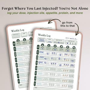 May include: Two weekly log sheets for tracking medication, injection sites, and health metrics. The text reads: Forget Where You Last Injected? You're Not Alone, log your dose, injection site, appetite, protein, and more, and go from this to that.