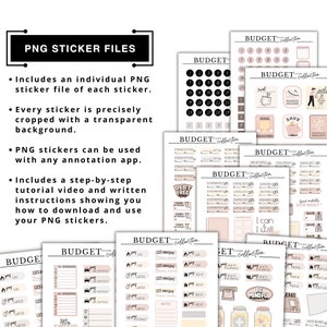 May include: A set of digital planner stickers in a pink and brown color scheme with the text "BUDGET collection". The stickers feature various budget-related icons and text, such as "save", "goal", "payday", "rent", and "gas".