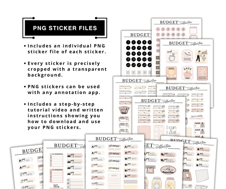 May include: A set of digital planner stickers in a pink and brown color scheme with the text "BUDGET collection". The stickers feature various budget-related icons and text, such as "save", "goal", "payday", "rent", and "gas".