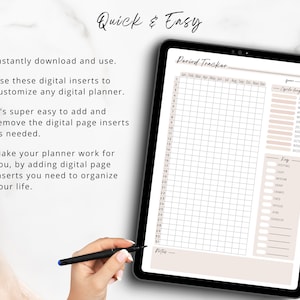 May include: A digital period tracker template on a tablet screen. The template has a grid for tracking periods, a section for noting cycle length, and a key for different types of bleeding.