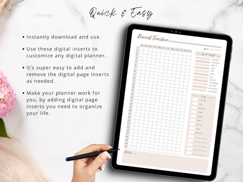 May include: A digital period tracker template on a tablet screen. The template has a grid for tracking periods, a section for noting cycle length, and a key for different types of bleeding.
