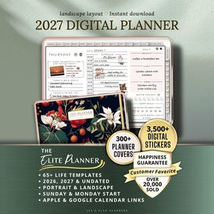 May include: A digital planner with a white background, displaying a daily schedule and to-do list. The planner includes a floral cover and the text "2027 DIGITAL PLANNER". Additional text includes "300+ Planner Covers" and "3,500+ Digital Stickers".