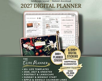 May include: A digital planner with a white background, displaying a daily schedule and to-do list. The planner includes a floral cover and the text "2027 DIGITAL PLANNER". Additional text includes "300+ Planner Covers" and "3,500+ Digital Stickers".