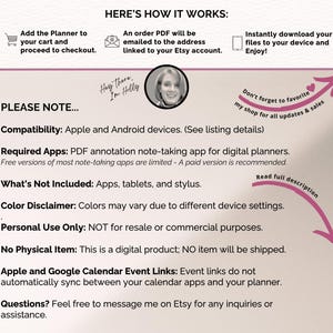 May include: A digital product listing with text including "Add the Planner to your cart", "Apple and Android devices", and "No Physical Item". The image has a light beige background with pink accents and a photo of a woman.