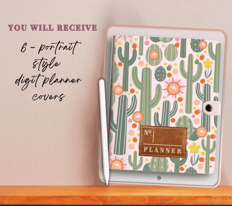 May include: A white planner cover with a cactus and flower pattern. The cover has a brown label that says "No. 1 Planner".