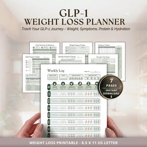 Op de afbeelding: Een GLP-1 gewichtsverliesplanner-set om af te drukken op 8,5 x 11 inch US letter-papier. Het document bevat een wekelijks logboek, symptoomtracker en lichaamsvoortgangstracker met groene accenten.