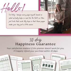 May include: A digital planner set featuring various tracking pages including a Weekly Log, Monthly Symptom Tracker, Body Progress Tracker, Daily Nutrition and Hydration, Weight Progress Tracker, Yearly Symptom Tracker, and Provider Visit Notes.