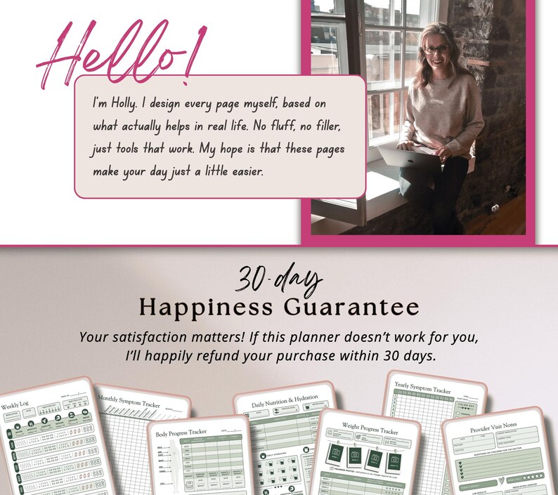 May include: A digital planner set featuring various tracking pages including a Weekly Log, Monthly Symptom Tracker, Body Progress Tracker, Daily Nutrition and Hydration, Weight Progress Tracker, Yearly Symptom Tracker, and Provider Visit Notes.