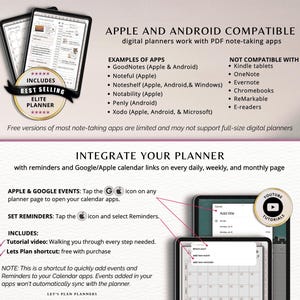 May include: Digital planner advertisement with two tablets displaying calendar pages. Text includes "Apple and Android Compatible," app examples, and integration instructions. A "Best Selling Elite Planner" badge is also featured.