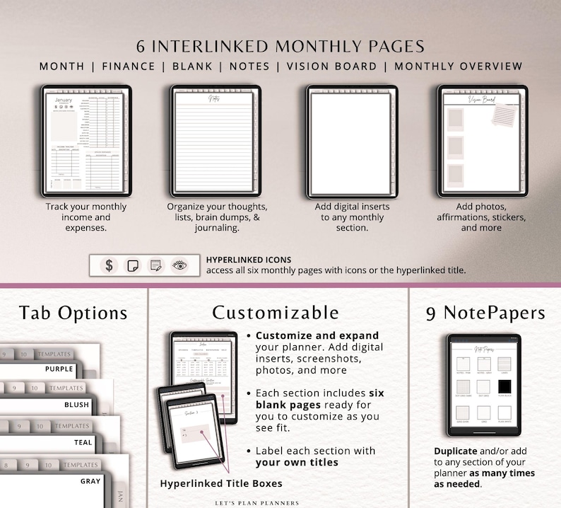 May include: Digital planner with six interlinked monthly pages, including finance, blank, notes, and vision board sections. Features customizable options, tab options, and nine note paper templates. Includes text: "6 INTERLINKED MONTHLY PAGES".