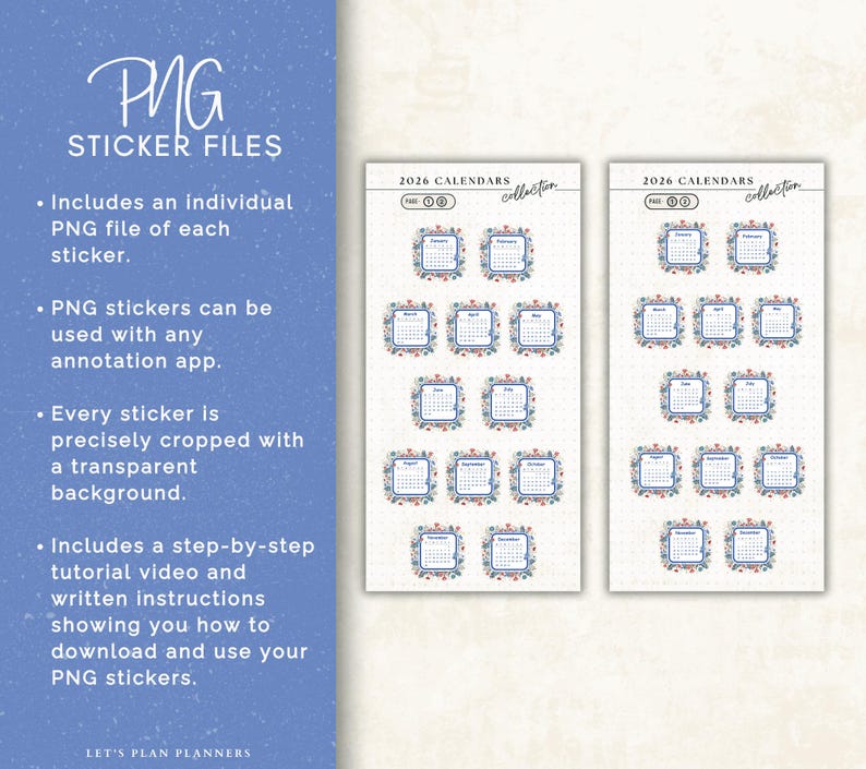 2026 Calendar Stickers Digital Stickers Goodnotes PNG Files iPad and ...