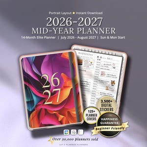 May include: A 2026-2027 mid-year digital planner with a portrait layout, featuring a cover with abstract pink, orange, and blue shapes and the text 26 27. The planner includes 125+ covers, 3,500+ digital stickers, and a daily schedule page.