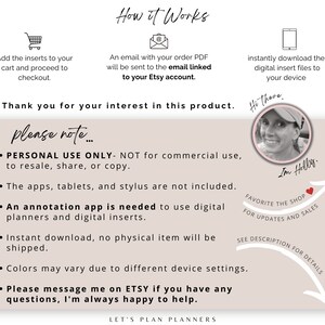 May include: A digital planner insert product listing with a description of how it works, including information about instant download, personal use only, and the need for an annotation app. The listing also includes a photo of the creator, Holly, and a note to favorite the shop for updates and sales.