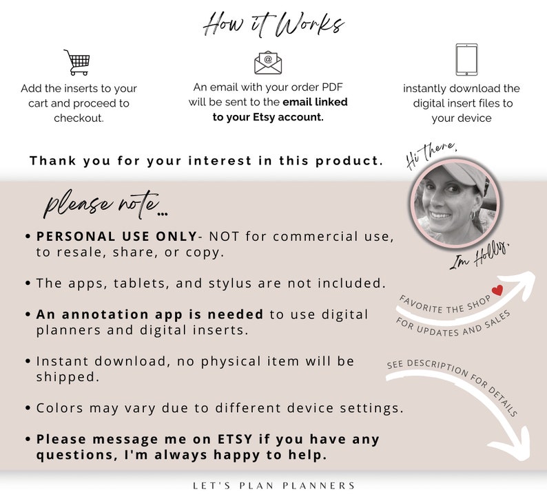 May include: A digital planner insert product listing with a description of how it works, including information about instant download, personal use only, and the need for an annotation app. The listing also includes a photo of the creator, Holly, and a note to favorite the shop for updates and sales.