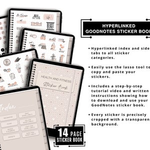 May include: A digital sticker book for GoodNotes, featuring a beige and white design. The image shows several digital notebooks with stickers, a calendar, and the text "Health and Fitness Sticker Book". The text also includes "Hyperlinked GoodNotes Sticker Book".