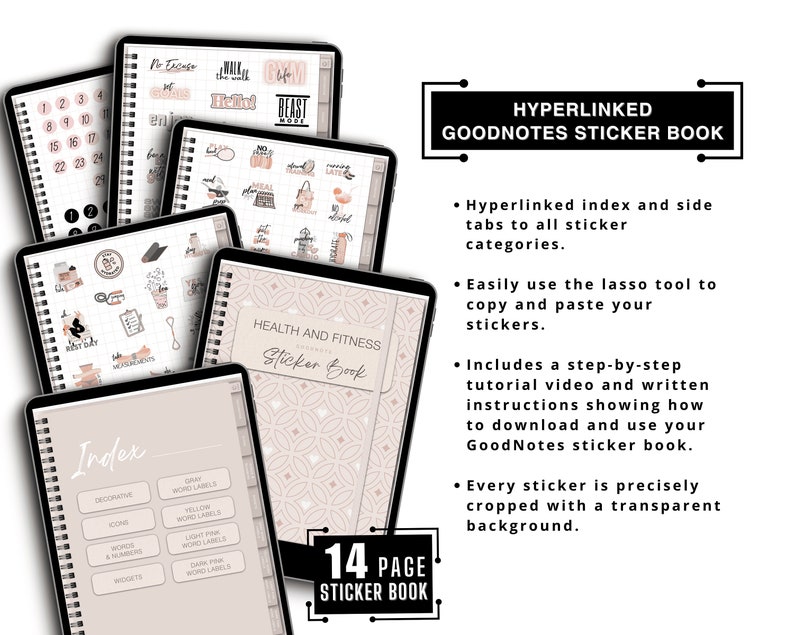 May include: A digital sticker book for GoodNotes, featuring a beige and white design. The image shows several digital notebooks with stickers, a calendar, and the text "Health and Fitness Sticker Book". The text also includes "Hyperlinked GoodNotes Sticker Book".