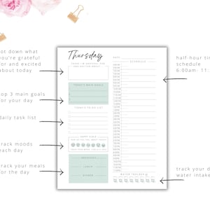 May include: A printable daily planner with a green and white color scheme. The planner includes sections for goals, tasks, mood tracking, meals, and water intake. The planner is titled "Thursday".