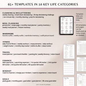 May include: An image showcasing a digital planner with 65+ templates across 10 life categories, including cleaning, meal planning, wardrobe, fitness, travel, finance, mindset, and goals. The planner features clickable links and duplicable pages.