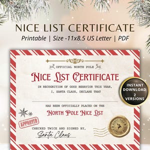CERTIFICADO DE LISTA DE BUENOS DÍAS DE NAVIDAD Imprimible de la actividad infantil de Santa Claus Lista de buenos días de Navidad de Santa Claus Carta de 11 x 8,5 pulgadas Descarga instantánea