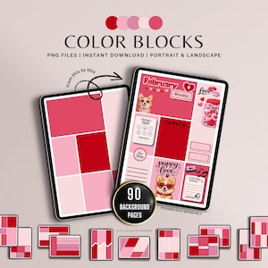 May include: Digital planner with a red and pink color scheme. The planner includes a variety of background pages, with the text "COLOR BLOCKS" and "PNG FILES | INSTANT DOWNLOAD | PORTRAIT & LANDSCAPE". The planner also includes the text "puppy love".
