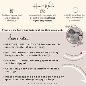 May include: An informational graphic for a digital product shop titled How it Works, detailing the instant download process. It includes a note about personal use only, no physical shipping, and a circular portrait of the shop owner named Holly.