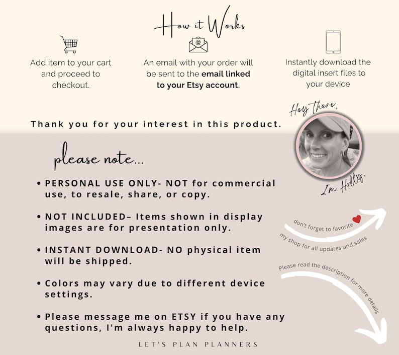 May include: An informational graphic for a digital product shop titled How it Works, detailing the instant download process. It includes a note about personal use only, no physical shipping, and a circular portrait of the shop owner named Holly.