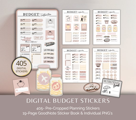 Digital Budget Planner Stickers: 405 Pre-Cropped Stickers (GoodNotes & PNG)